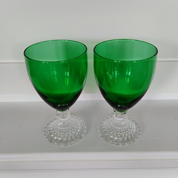 Vintage 1940s Anchor Hocking Bubble Footed Green Glass Goblets, Mid Century Emer - Picture 1 of 6
